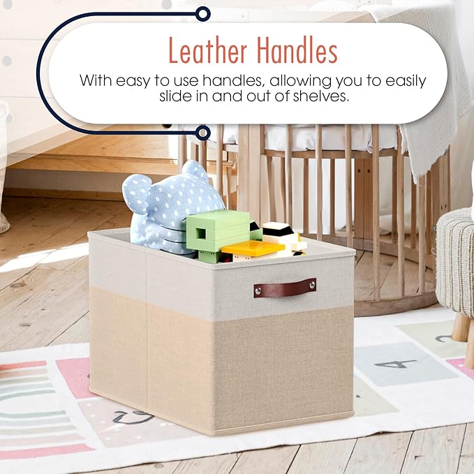 Ornavo Home 13 x 15 x 13 Kallax Storage Cube Bins, Foldable Collapsible Fabric Storage Bins Box Linen Shelf Basket Cube Organizer for Closet with Leather Handles, 6 Pack, White/Khaki