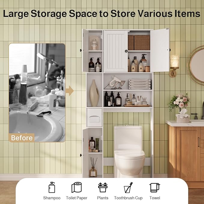Ahomly Over The Toilet Storage Cabinet with Adjustable Shelves and Five Doors, Over Toilet Bathroom Organizer, Above Toilet Storage Cabinet with Open Shelves for Bathroom, Restroom, Laundry, White