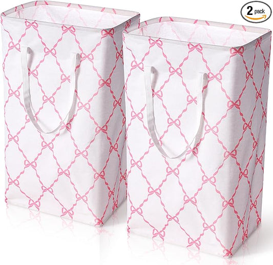 Leinuosen 2 Pcs Bow Pink Laundry Basket Pink Laundry Hamper Large Collapsible Bow Storage Baskets Cute Nursery Clothes Waterproof Hamper Room Organization for Bedroom Decor(Grid)