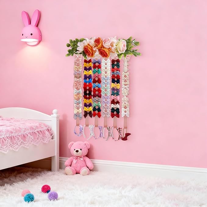 cherrboll Bow Organizer for Girls, Flower Hair Clip Holder Headband Wall Hanging Hair Accessories Organizers Storage Display for Toddler Nursery Room Decor