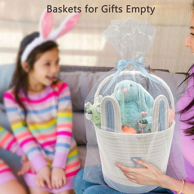 3 Pack Large Woven Easter Baskets for Boys & Kids - Empty Basket with Gift Bags and Ribbons Cute Easter Decorations Bunny Ears Designs Blue
