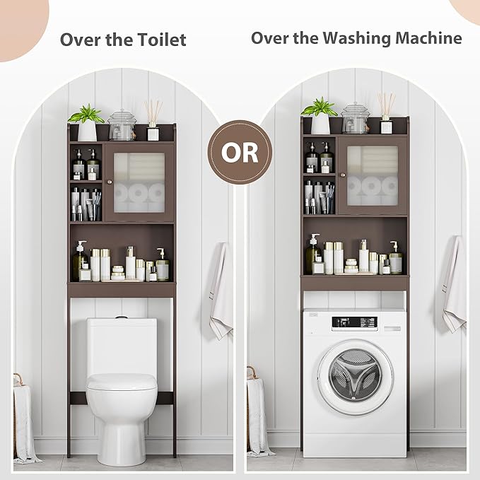 ZenStyle Over The Toilet Cabinet Double Door Wood Bathroom Storage Organizer with Adjustable Shelves, Cubby and Tempered Glass Door (Brown)