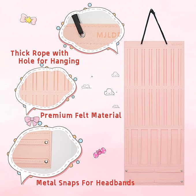 Hair Bow Organizer for Girls, Baby Hair Clips Holder Wall Hanging, Large Felt Bow Storage Display for Girls Hair Bows & Claw Clips, Ribbons, Headbands – Nursery Room Decor (Pink)