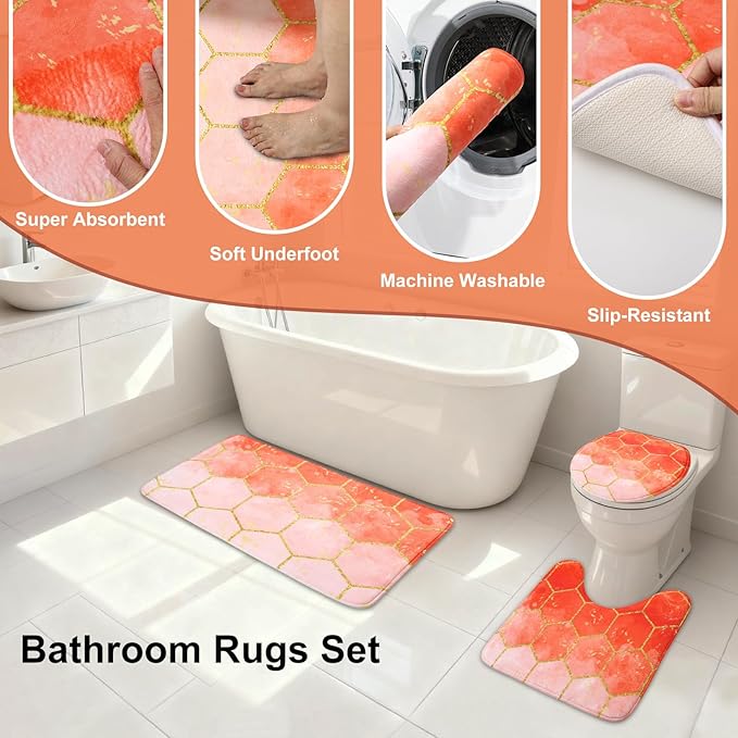 25 Pieces Bathroom Set Orange and Gold Bathroom Accessories Set, Shower Curtain and Rugs, Trash Can, Toilet Brush, Soap Dispenser, Soap Dish, Toothbrush Holder, Tumbler, Tray, Qtip Holder