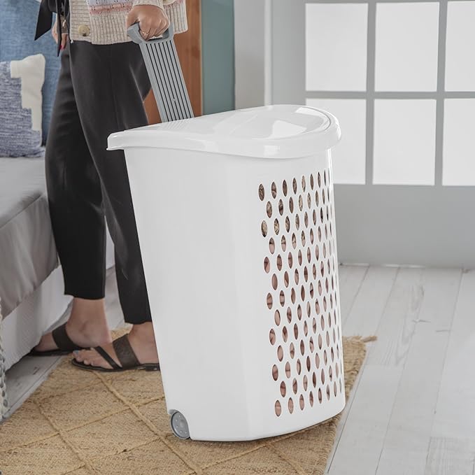 Wheeled Hamper, Plastic Laundry Hamper with Handle for Easy Transport, White