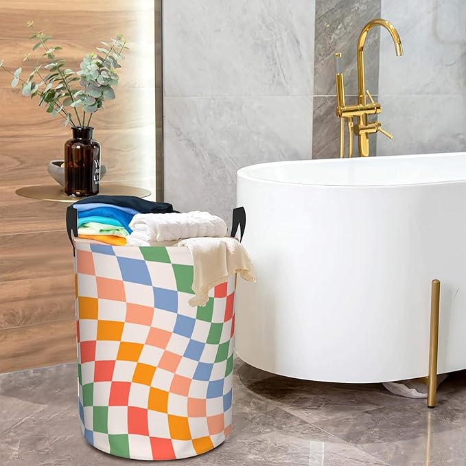 Checkered Laundry Basket,Colorful Retro Wavy Foldable Laundry Hamper Waterproof Oxford Cloth Tote Bag,Clothes Storage Bucket Decorative Toy Organizer For Bathroom Bedroom 16" x 20"