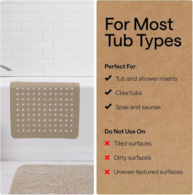 GORILLA GRIP Patented Bath Tub Shower Mat, Machine Washable Bathtub Floor Liner Mats, Suction Cups and Drain Holes to Keep Tubs Clean, Soft on Feet, Bathroom Essentials, 35x16 Inch, Beige