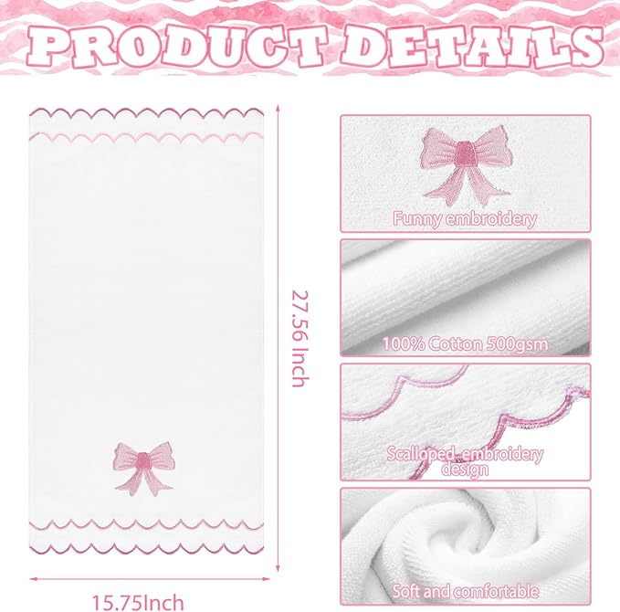2 Pcs Scalloped Hand Towels 100% Cotton Fingertip Towels for Bathroom 15.75 x 27.56 Inch 600 GSM Cute Soft Absorbent Embroidered Decorative for Home Hotel(Pink,Bow)