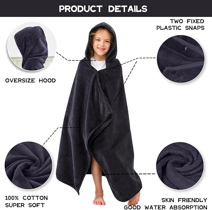 Hiturbo Kids Hooded Bath Towel: 100% Cotton Soft Thick Absorbent Towels Wrap - 50"x30" Shower Beach Pool Wearable Blanket for 3-12 Yrs Boys Girls - Black
