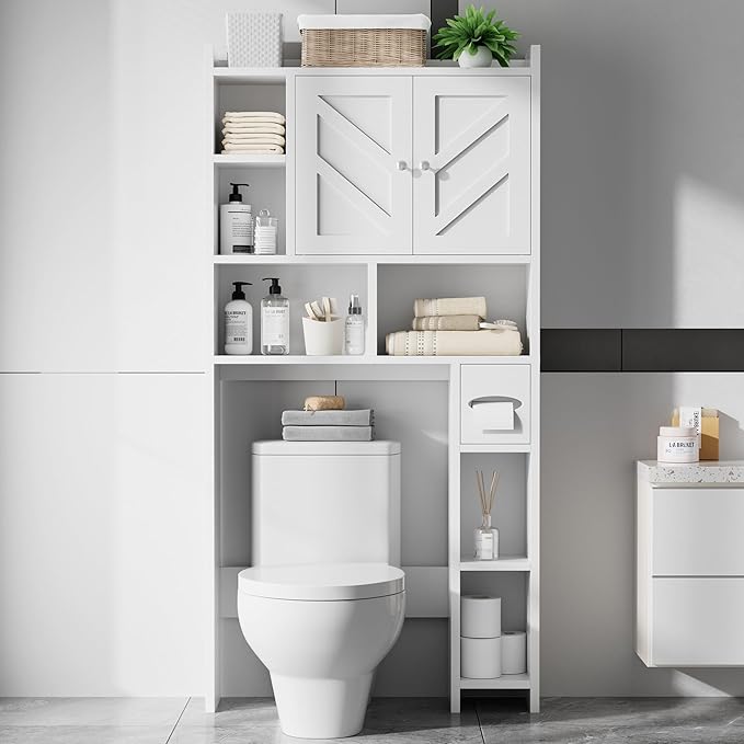 Meilocar Over The Toilet Storage Cabinet, Bathroom Over Toilet Storage Cabinet, Bathroom Storages Organizer Cabinets with Toilet Paper Holder and Adjustable Shelf, White