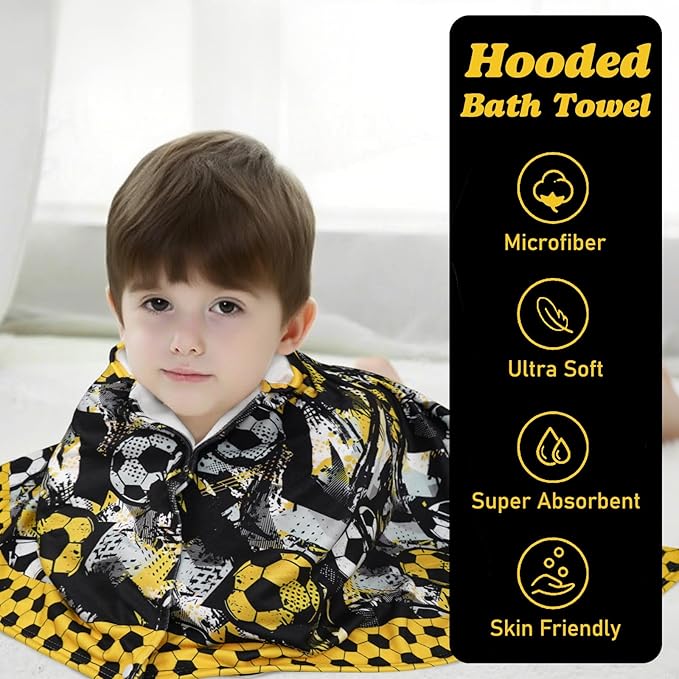 Hooded Towels for Kids Soccer 60" x 35" Toddler Bath Beach Towel Poncho with Hood Super Soft and Absorbent 100% Microfiber for Boys Ages 5-12