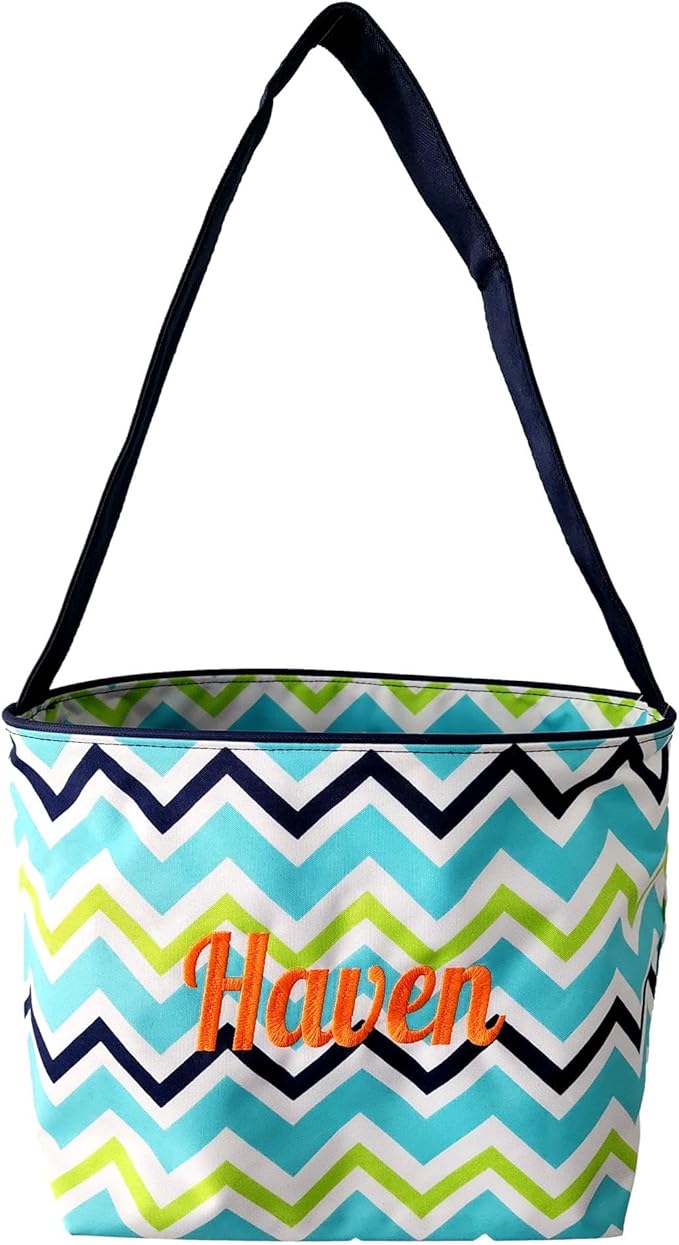 Personalized with Name Blue ZIg Zag Chevron Material Easter Basket Bucket for Egg Hunting