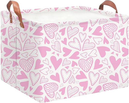 Rectangular Pink Basket Empty, Fabric Storage Basket with Handles, Books Box,Lovely Storage Bin,Room Decor,Gift Basket for Girls(Pink Heart)