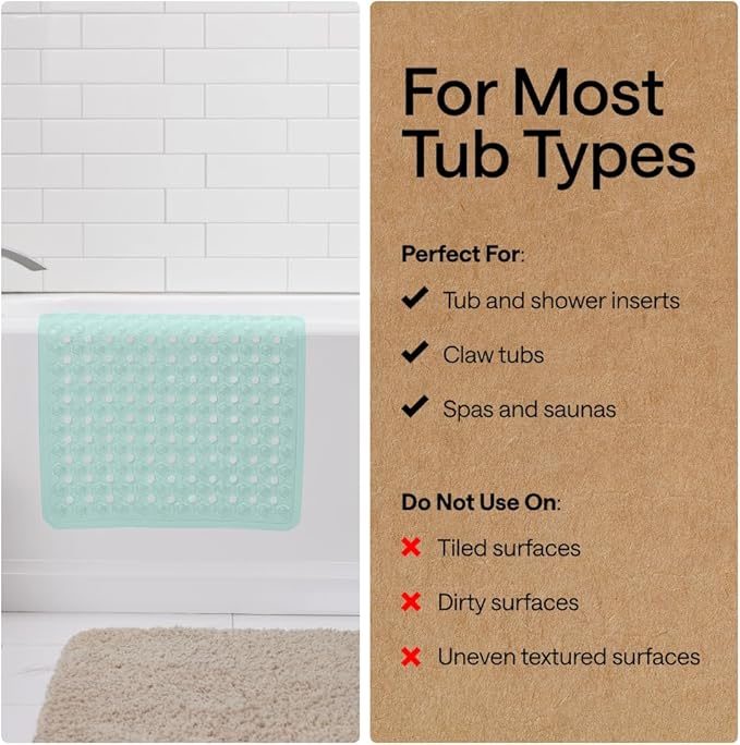 GORILLA GRIP Patented Bath Tub Shower Mat, Machine Washable Bathtub Floor Liner Mats, Suction Cups and Drain Holes to Keep Tubs Clean, Soft on Feet, Bathroom Essentials, 35x16 Inch, Mint Opaque