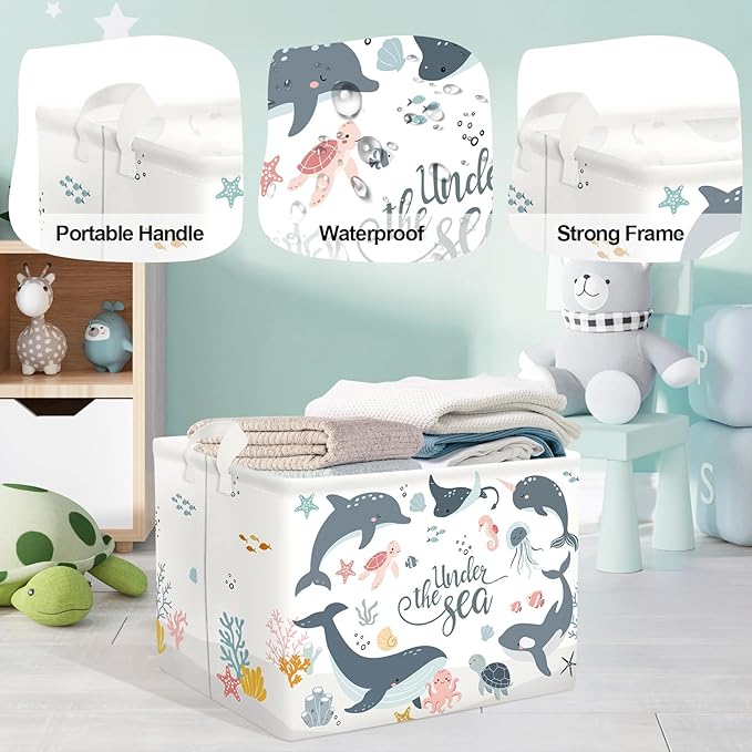Sea Animals Laundry Hamper Ocean Fish Coral Large Storage Basket Parents Organizer Kids Clothes Toy Bins for Bedroom, Bathroom, Blue Dolphins, 36L