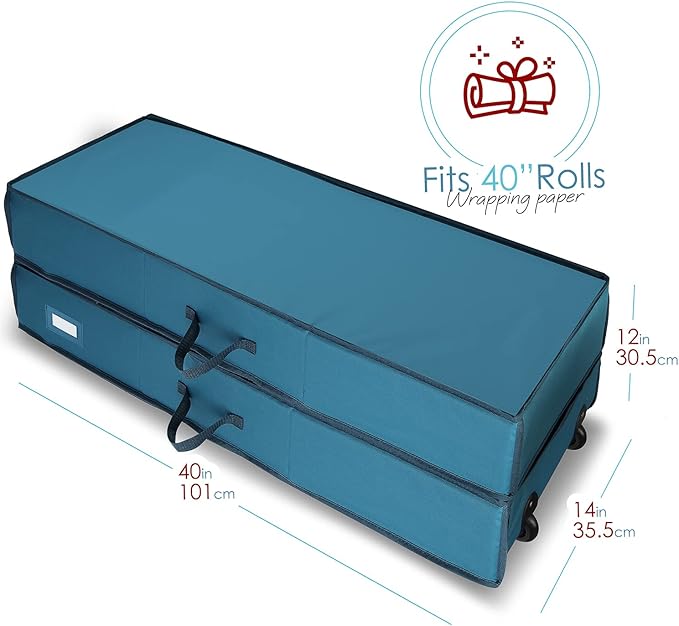Hearth & Harbor Wrapping Paper Storage Container with Ribbon Dispenser and Interior Pockets - Large Christmas Storage Containers with Wheels, Fits 30 Rolls of 40" Length, Blue