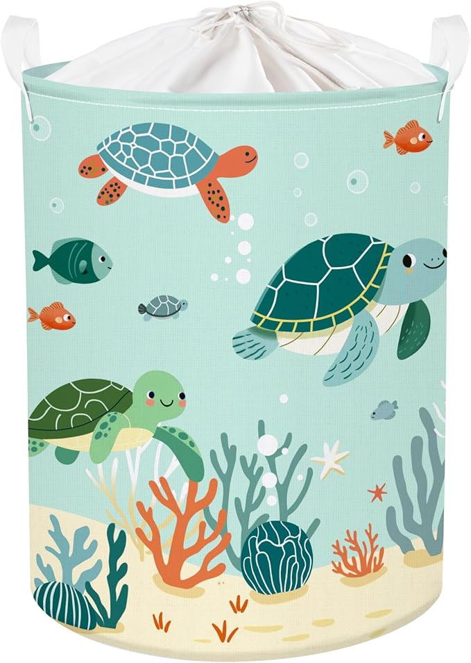 Sea Animals Laundry Hamper Ocean Fish Coral Large Storage Basket Parents Organizer Kids Clothes Toy Bins for Bedroom, Bathroom, Green Turtles, 63L