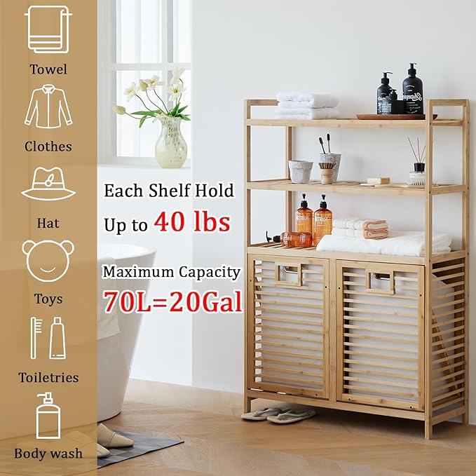 Double Tilt Out Laundry Hamper, Bamboo Hamper with 2 Removable Bags, Pull Out Laundry Hamper Cabinet, Bathroom Storage Shelf for Laundry Room, Living Room, Bedroom (3-Tier, Natural)