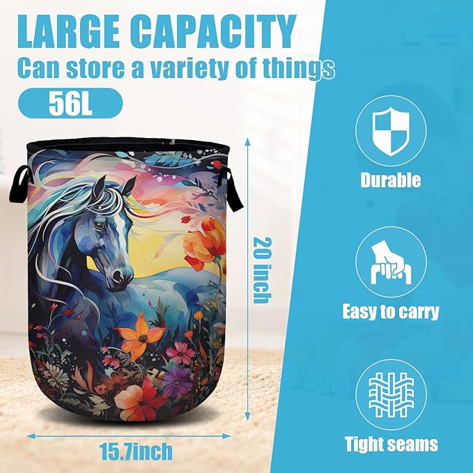 Colorful Horse Floral Laundry Basket, Laundry Hamper Collapsible Oxford Cloth with Handle Clothes Toy Storage Bin for Bathroom Laundry Room Bedroom 15.7 X 20 Inch