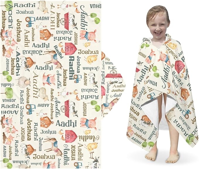 Hooded Towel for 3-12 Years Boys Girls Kids Farm House Animals Bath Pool Beach Towel Wrap Extra Large Soft Absorbent Beach Poncho