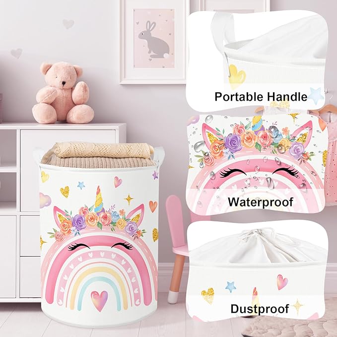 Clastyle Adorable Rainbow Laundry Basket Kids Clothes Book Storage Basket Gift Toy Box for Bedroom Decor,Unicorn,36x45 cm