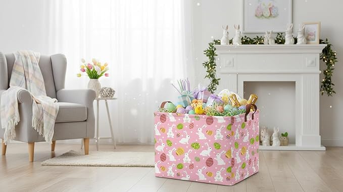 Rectangle Storage Basket,Gift Basket Empty with Handles,Cute Organizer, Room Decor(Pink Easter)