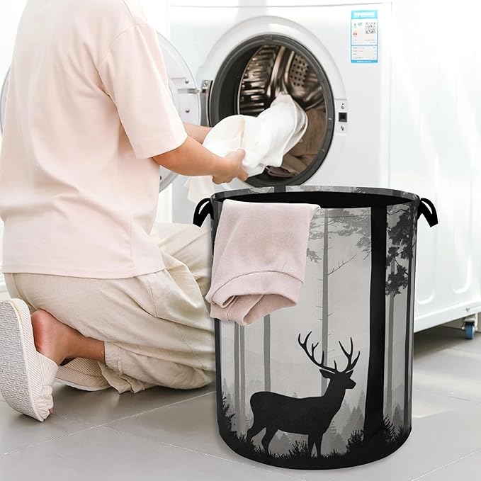 Deer Laundry Basket,Forest Foldable with Handles Tote Bag Oxford Cloth for Bathroom Bedroom Dirty Clothes Storage Bucket 16" x 20.8"