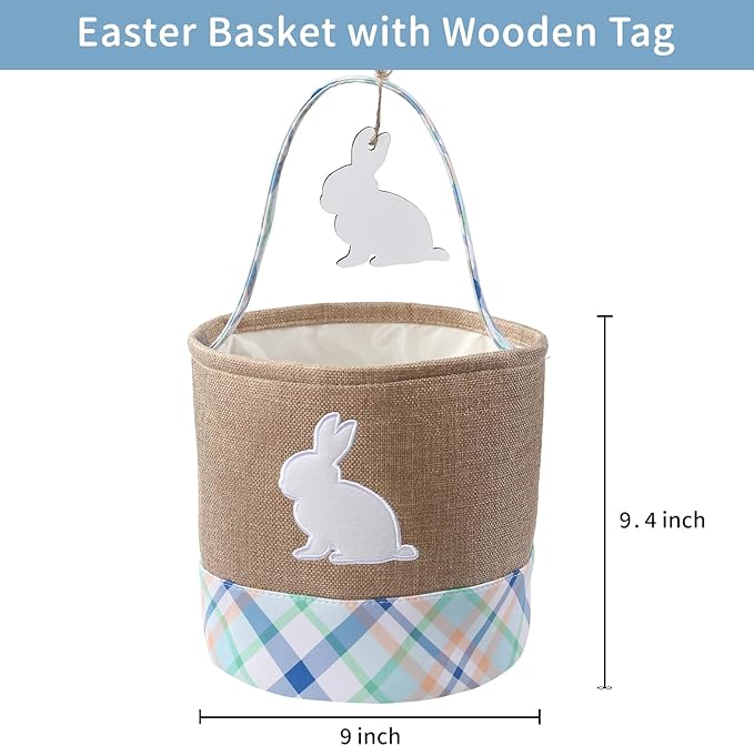 Easter Basket – Bunny Basket with DIY Blank Wooden Bunny Tag for Kids, Boys, Girls, Easter Egg Hunt, Candy Gift Storage (Bule)