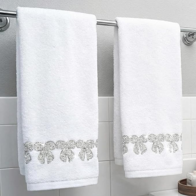 2 Pcs White Sparkling Hand Towels with Rhinestone Bow for Bathroom 100% Cotton Glitter Soft Elegant Hand Bath Towels Absorbent Machine Washable for Spa Yoga Hotel Sport, 29.5" x 13.8"