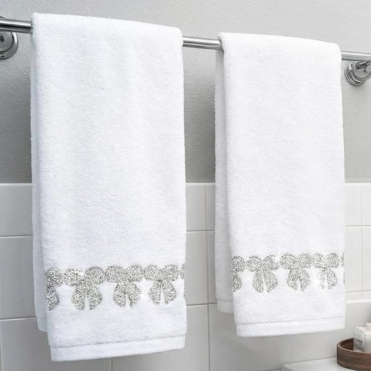 2 Pcs White Sparkling Hand Towels with Rhinestone Bow for Bathroom 100% Cotton Glitter Soft Elegant Hand Bath Towels Absorbent Machine Washable for Spa Yoga Hotel Sport, 29.5" x 13.8"