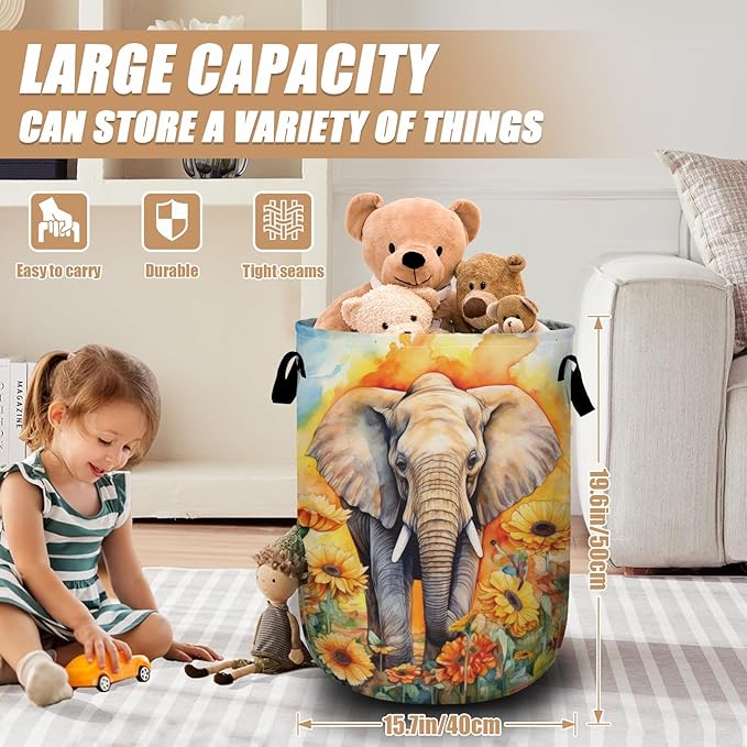 Watercolor Elephant Sunflower Laundry Basket, Foldable Wild Animals Laundry Hamper Tote Bag Dirty Clothes Storage Bucket Toy Organizer for Bathroom/Laundry/Bedroom 15.7"x19.6"