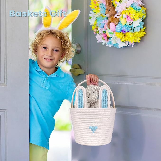 Easter Basket Empty Bunny Egg Baskets With Handle And Ears Easter Gifts Cute Woven Basket (blue)