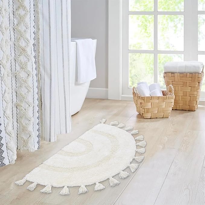 Half Circle Boho Bathroom Rugs with Tassels 100% Cotton Hand-Woven Bath Mat Non Slip Absorbent Bath Rugs with Rug Pad Washable Boho Bath Mat Carpet for Tub, Shower 20"x32",White
