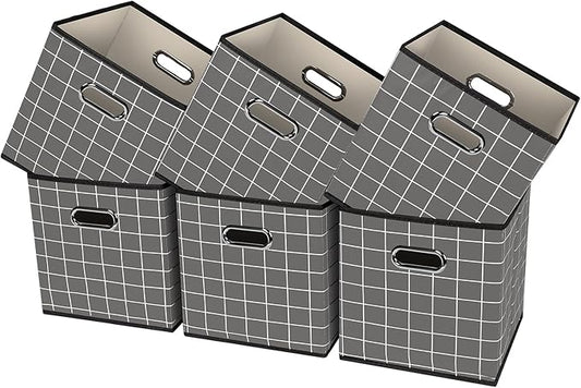 Black Foldable Storage Cubes Bins, Fabric Storage Box Cubes Organizer Baskets with Dual Handles for Home Organizer,Set of 6,(Grey grid)