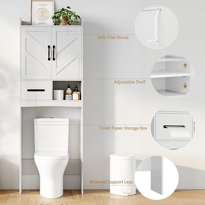 IDEALHOUSE Over The Toilet Storage Cabinet,Bathroom Organizers and Storage with Anti-Tip Device and Adjustable Shelf for Bathroom,Restroom,Laundry,White