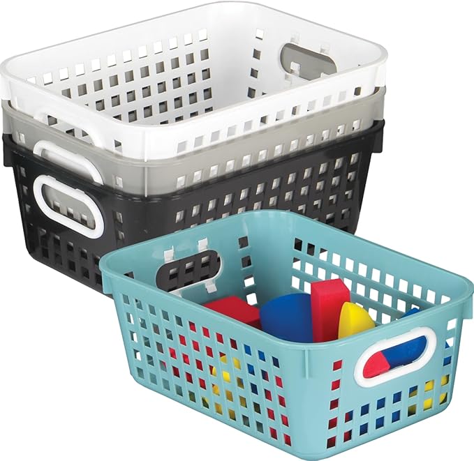 Really Good Stuff Medium Plastic Book Baskets, 11" x 7.5" x 4.5", 4 Pack, Neutral Group Colors, Versatile Storage Solution for Classroom, Home, and Office, Toy Storage, Multi-Purpose