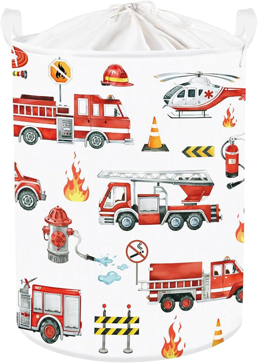 Clastyle Large Red Fire Engine Kid Laundry Hamper for Boy Collapsible Dog Clothes Toy Storage Basket with Lid for Nursery