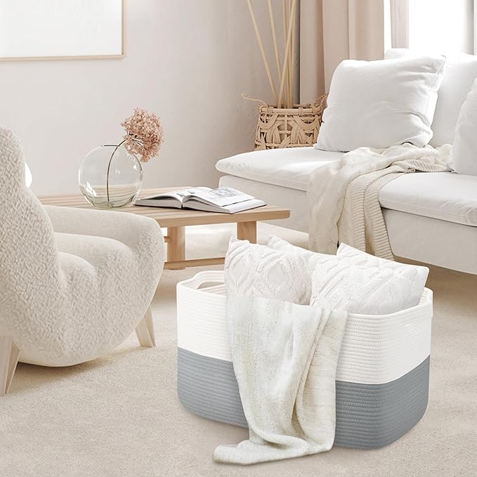 Extra Large Laundry Basket, Rectangle Woven Cotton Rope Storage Basket with Handles, Wicker Laundry Hamper, Farmhouse Storage Bin for Blankets Clothes Toys, Grey, 22" x 17" x 12"