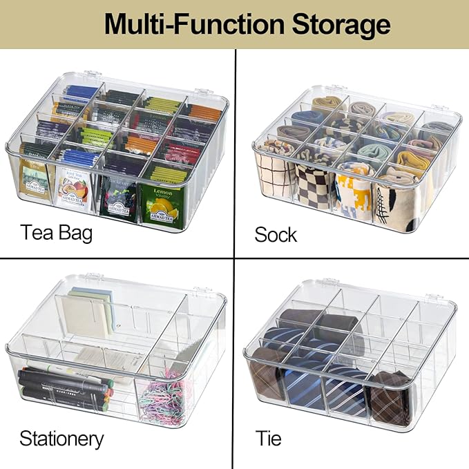 Plastic Clear Storage Containers, Set of 2, Sock Organizer Divided Boxes with Lids, Underwear Drawer Organizer, Tie Dresser Organizer (11.8×9.4×3.9")