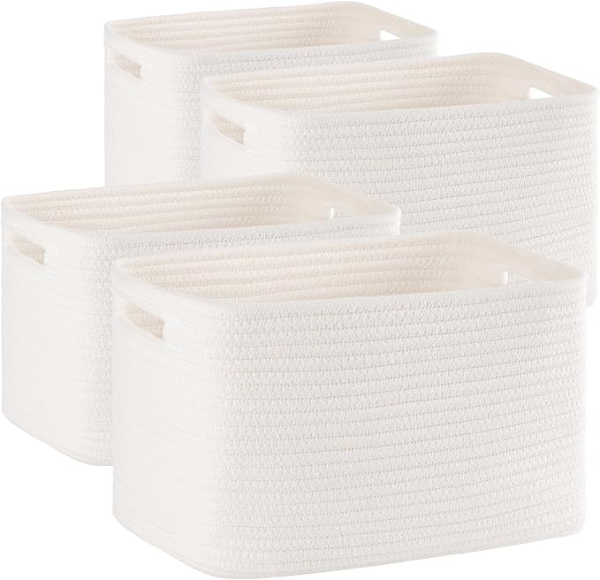 4 Pack Storage Baskets for Organizing Toys, Towels, and Clothes, Woven Basket for Shelves, Sturdy Nursery Cube Bins for Storage, 13''L x9''W x7.8''H, White, SD-SLB-G-C-01