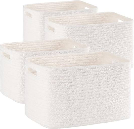 4 Pack Storage Baskets for Organizing Toys, Towels, and Clothes, Woven Basket for Shelves, Sturdy Nursery Cube Bins for Storage, 13''L x9''W x7.8''H, White, SD-SLB-G-C-01