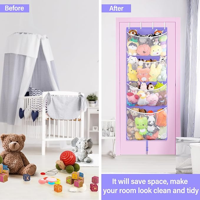 Hanging Stuffed Animal Storage, Over Door Large Plush Toy Organizer with Metal Hook, Baby Accessory Holder Idea for Nursery, Doll & Bear Mesh Hammock Bag for Girl Boy Kid Room