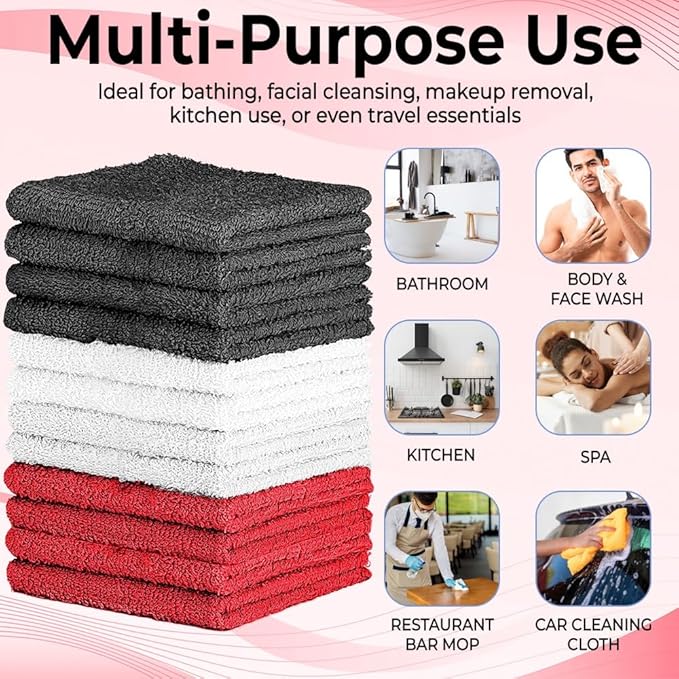 100% Cotton Washcloth Set – Soft, Absorbent Face Towels for Bathroom & Gym Use – Durable & Reusable Wash Cloths - Dark Grey, White & Burgundy, 12x12 Inches, Pack of 12