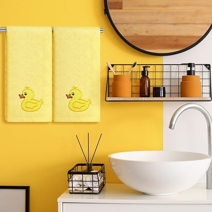 2 Pcs Rubber Ducky Hand Towels Yellow Bathroom Decor 14x29 Inch Embroidered 100% Cotton Soft Absorbent Spring Summer Decorative Hand Towels for Bathroom Kitchen