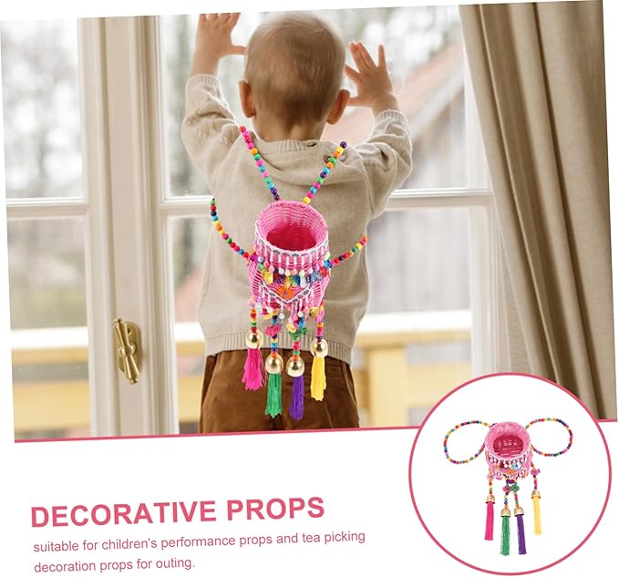 Boys and Girls Basket Weaving Tassel Backpack Ethnic Pack Basket Nursery Storage Boys and Girls