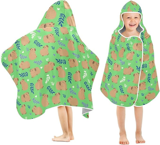 Green Cute Capybara Hooded Beach Towel for Kids, Kids Bath Hooded Towels for Boys Girls, Super Soft Absorbent Bathrobe with Hood for Swin Pool 50"x23.5"