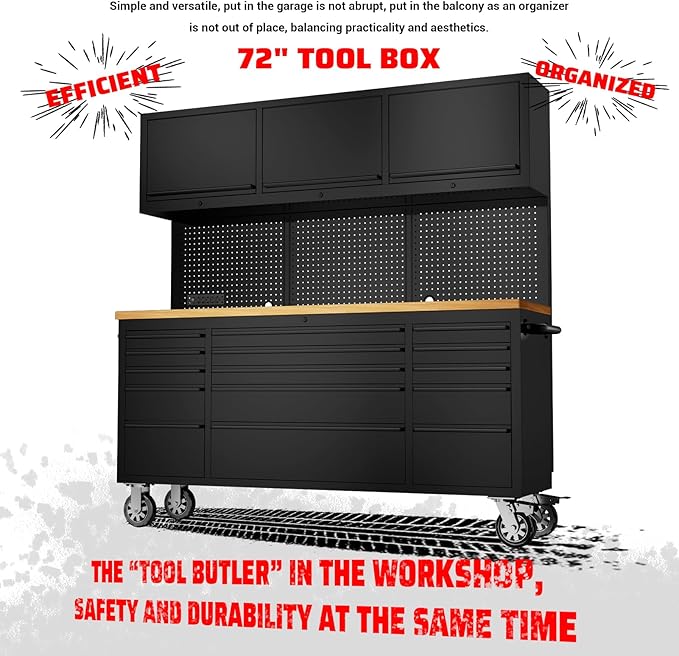 SINDA 72-inch Rolling Tool Cabinet Mobile Workbench Tool Chest with 15 Storage Drawers, Wheels, 3 Uper Cabinet, Outlet, SS Pegboard Black