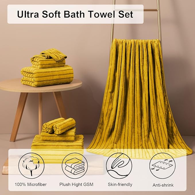 4 Pcs Yellow Cabana Stripe Large Bath Towels 35"x70" Oversized Bath Sheet Super Soft Breathable Jumbo Bathroom Towels Highly Absorbent Shower Towel Quick Dry Beach Chair Towel Spa Gym Hotel Towel Set