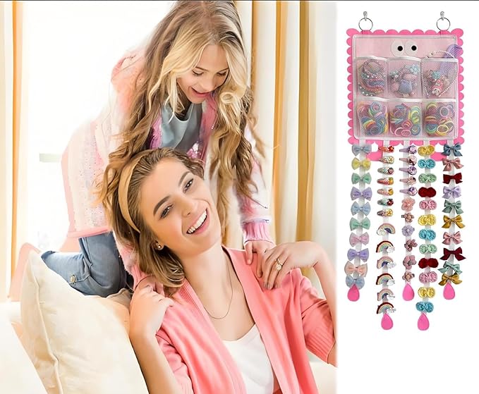 Hanging Hair Clip Organizer with Multiple Storage Pockets, Hair Bow Holder for Girls, Barrettes and Scrunchies Storage Solution, Hair Accessories Organizer (Pink)