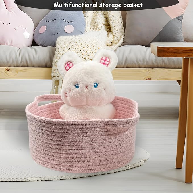 COMFY HOMI Small Woven Gift Baskets with Handles, Gift Bags and Ribbons - Cotton Rope Storage Basket for Organizing, Dog Toy Basket Box, Gift Baskets Empty, Mother’s Day-φ11X5 Inch（all pink）
